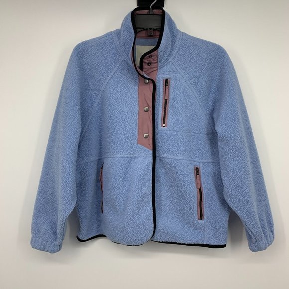 American Eagle Jacket Blue Sherpa Button Snap Mock Neck Zip Pocket - Picture 3 of 14